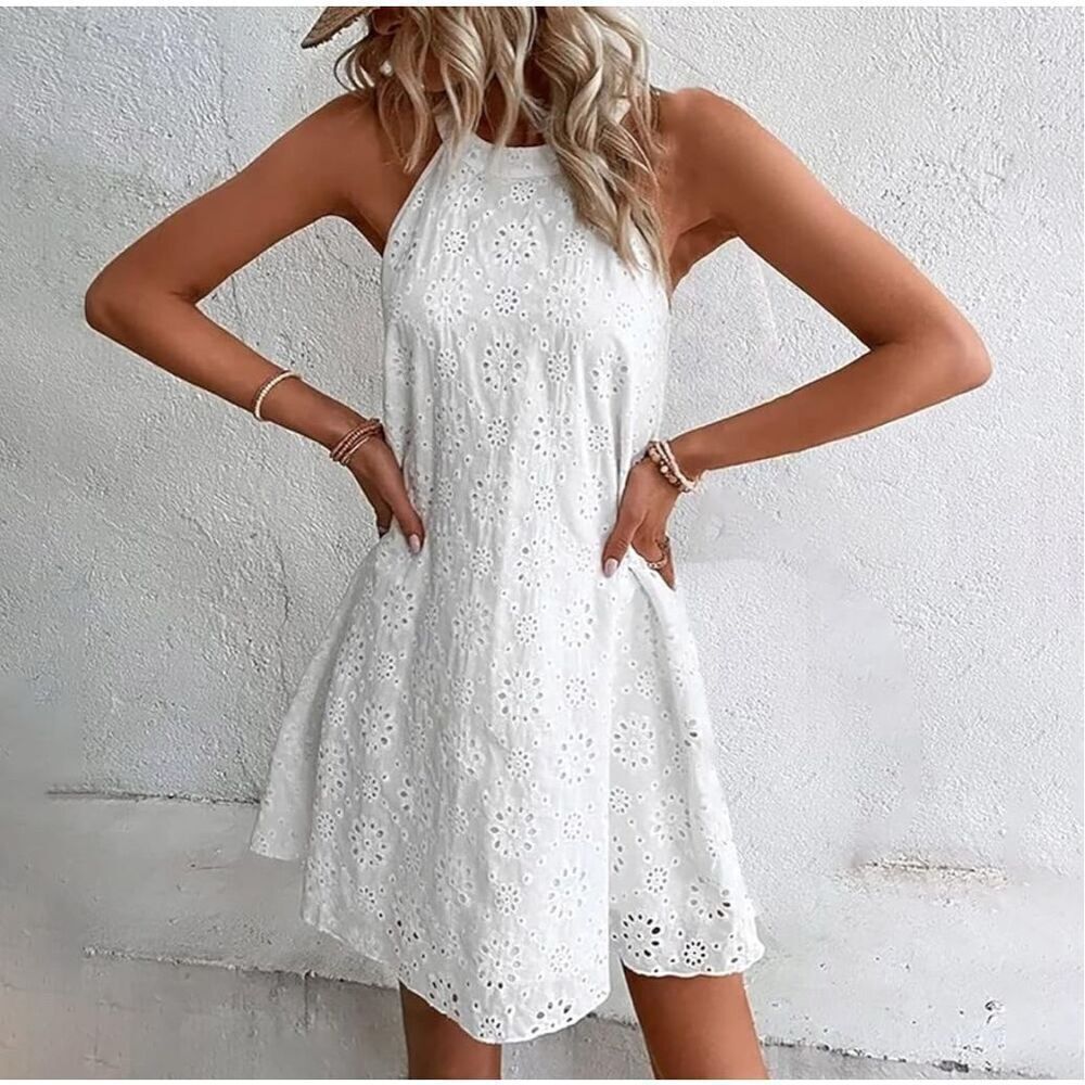 Chelsea 28 Dress White Eyelet Halter Neck Sleeveless Mini 100% Cotton